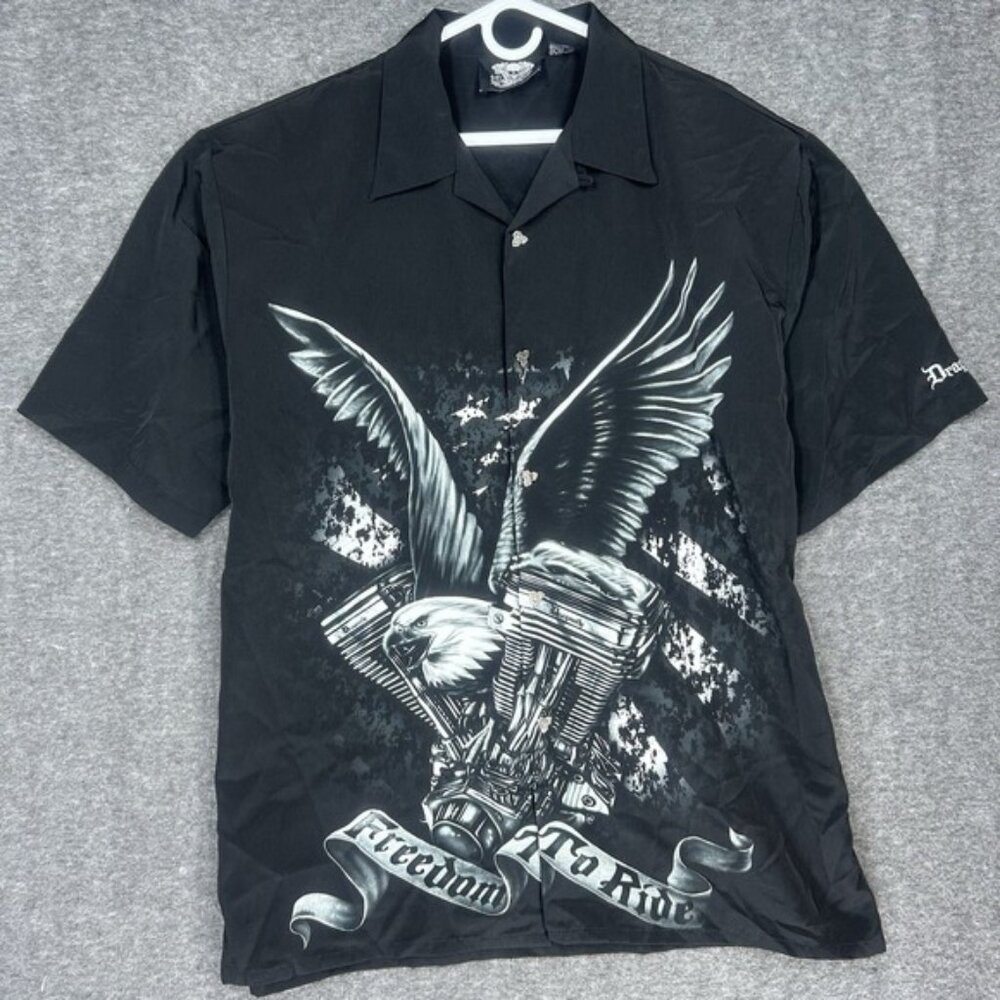 VTG Dragonfly Motorcycle Button Up Shirt Mens 2XL Black Biker Black Eagle Engine